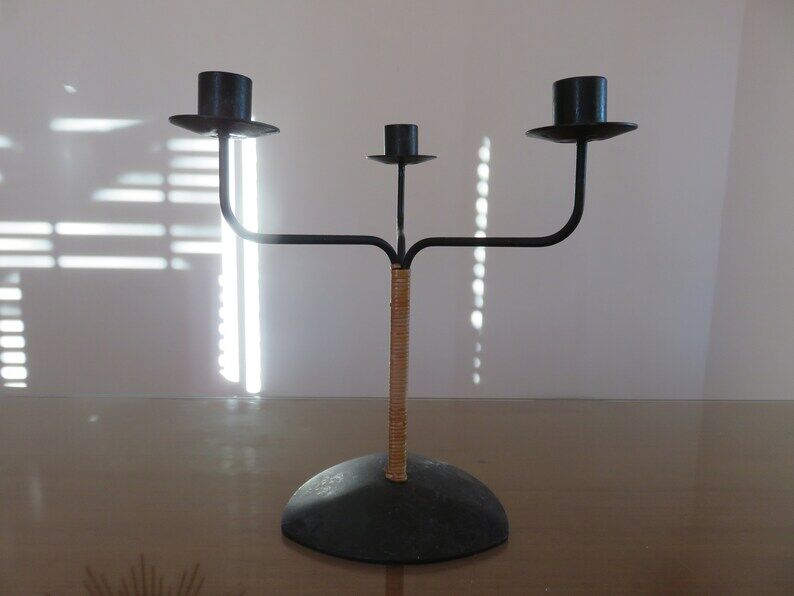 Scandinavian candle holder " LAURIDS LONBORG " metal and rattan 60s
