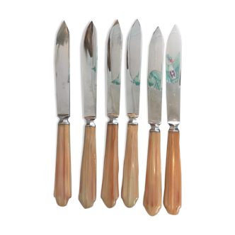 Set de 6 couteaux viande corne rosés 1970