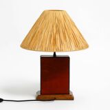 Italian 60s table lamp made of wood and leather with paper straw lampshade