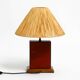 Italian 60s table lamp made of wood and leather with paper straw lampshade