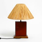 Italian 60s table lamp made of wood and leather with paper straw lampshade