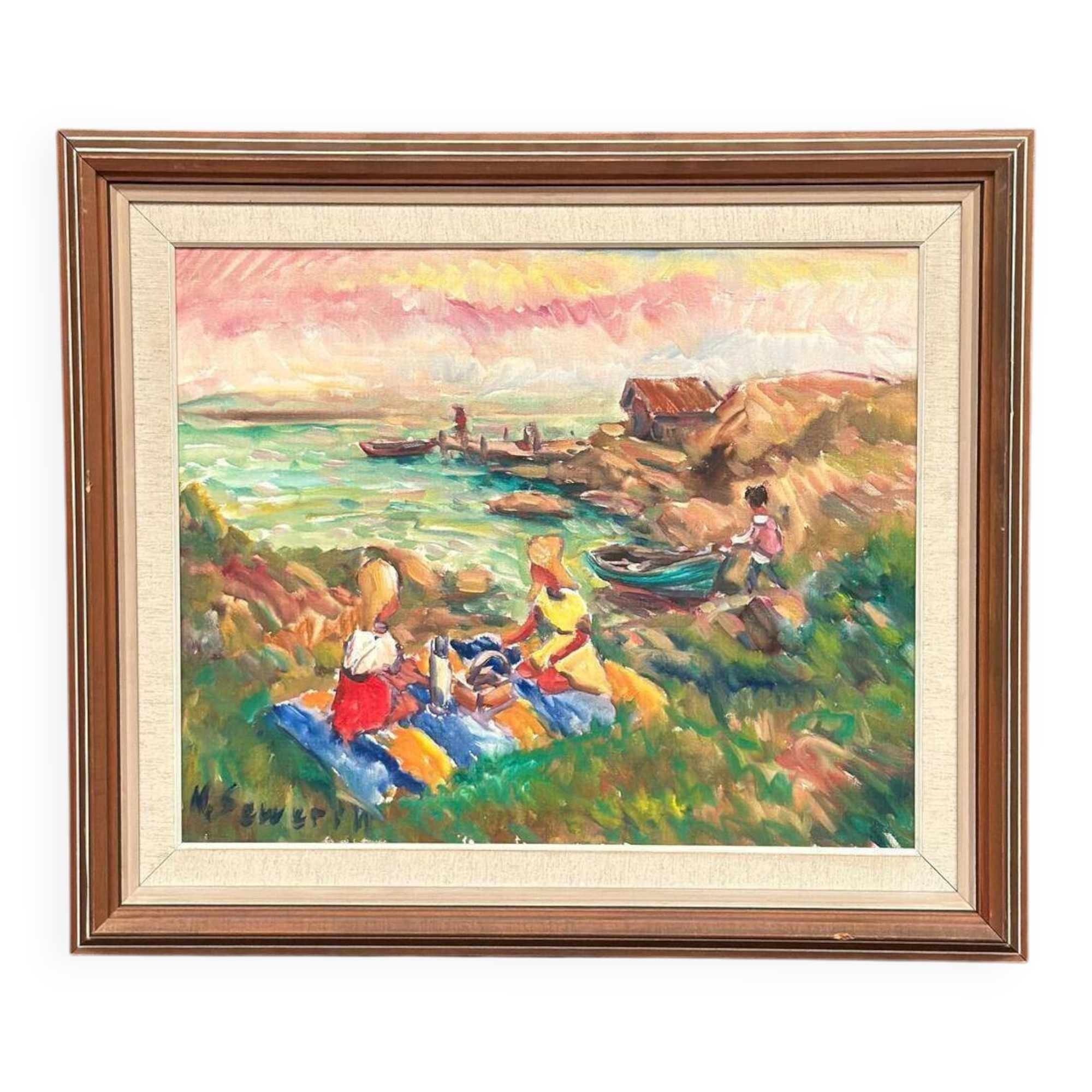 Huile sur toile suédoise d'époque mi-siècle – « Pique-nique » par Nils Sewerin – Cadre vintage 78 × 67 cm (30,7" × 26,4")