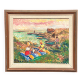 Huile sur toile suédoise d'époque mi-siècle – « Pique-nique » par Nils Sewerin – Cadre vintage 78 × 67 cm (30,7" × 26,4")