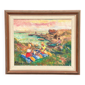 Original Mid Century Swedish Oil On Canvas – “Picnic” By Nils Sewerin – Vintage Framed 78 × 67 Cm (30.7" × 26.4")