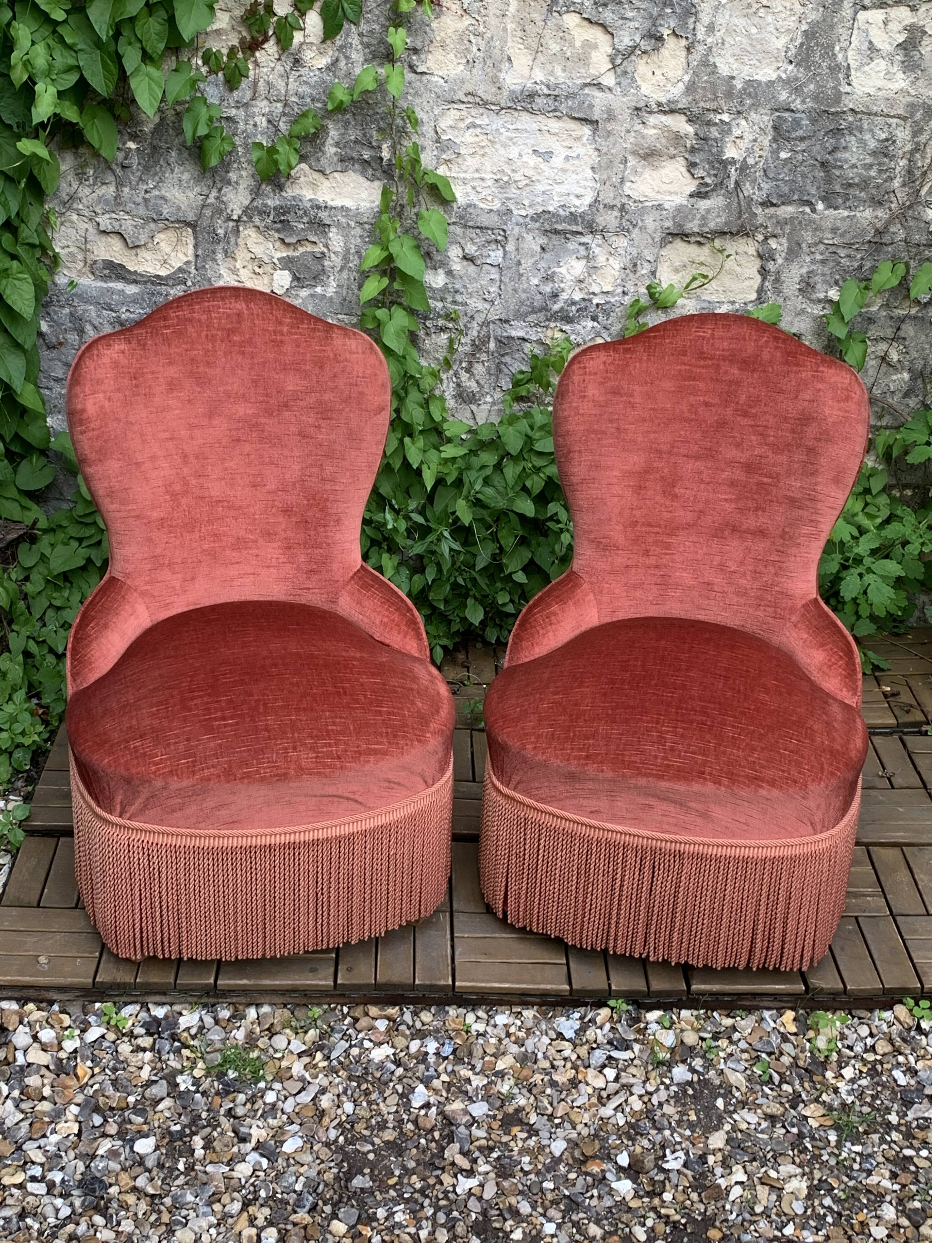 Pair of vintage pink velvet toad armchairs 1960