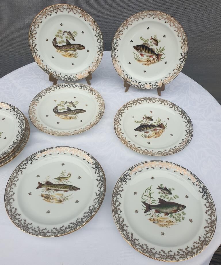 Set 12 plates porcelain gold fine fish fern limousine de Chastagner
