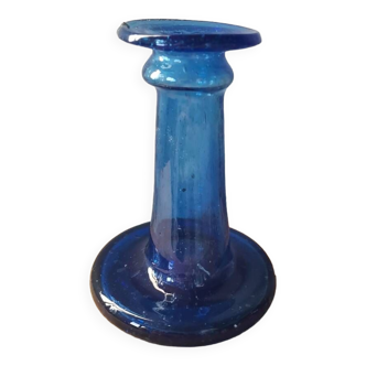 Bougeoir en verre bleu style BIOT soufflé bouche artisanal