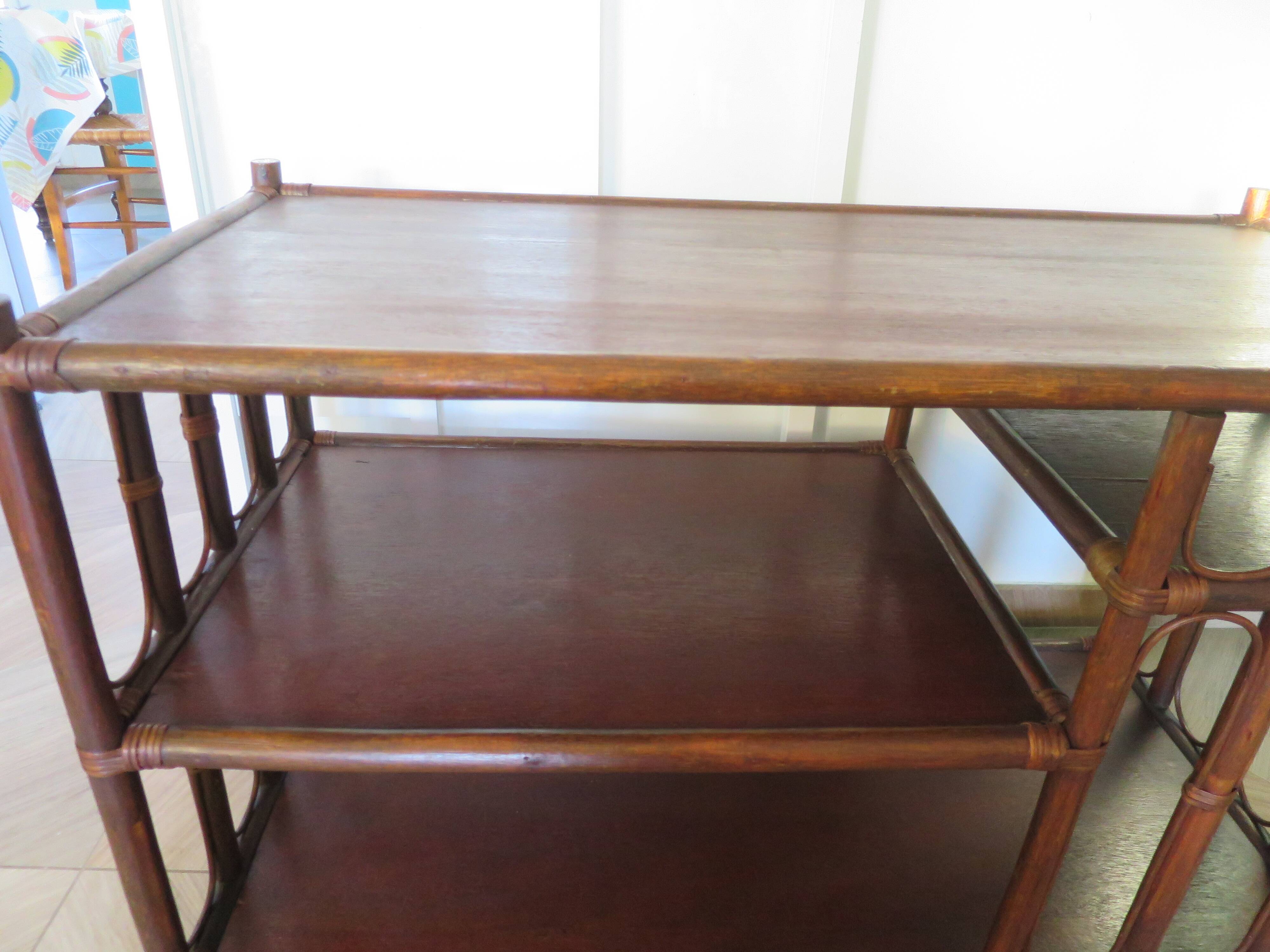 Retro side table - vinyl furniture - rattan and bamboo - 1980s