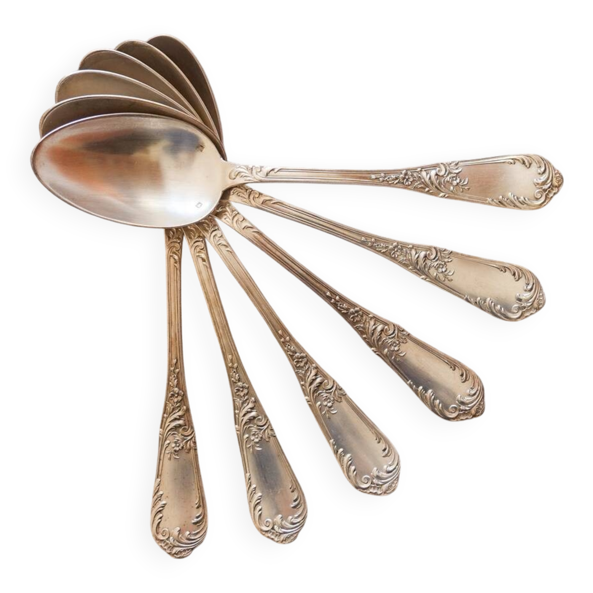 Art Nouveau silver plated metal soup spoons