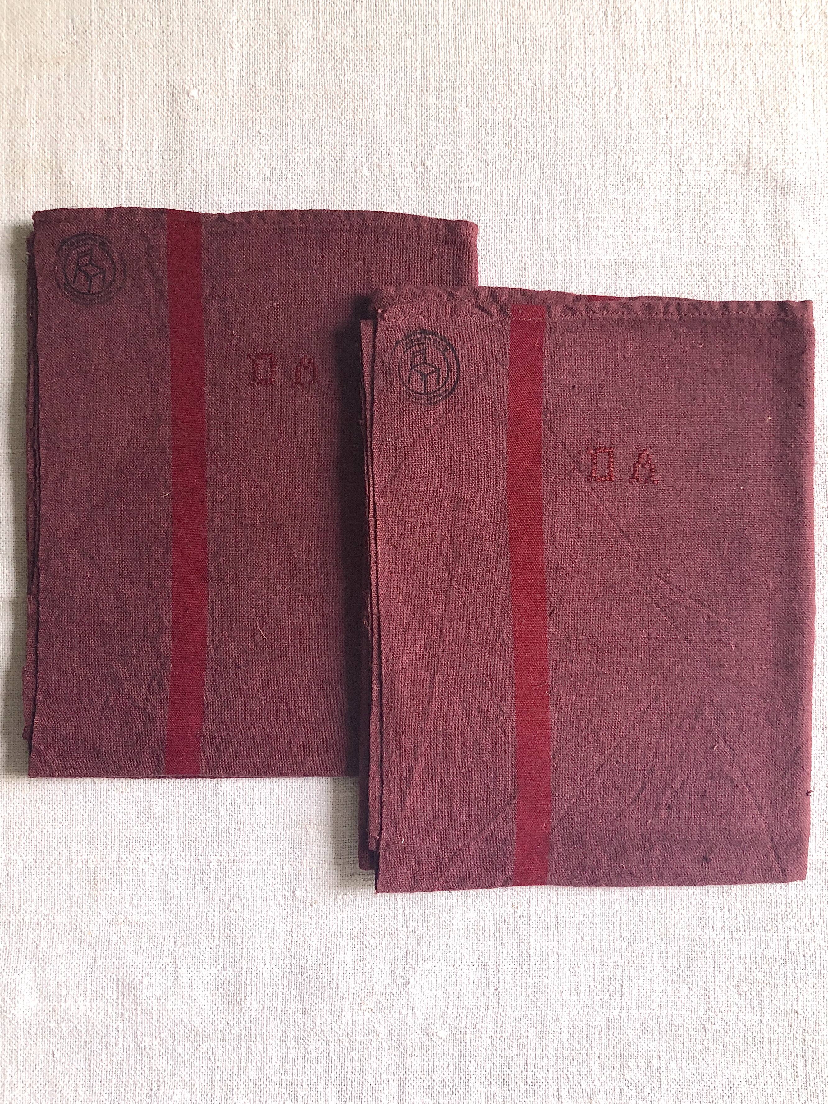 Old tea towel in linen and Burgundy cotton