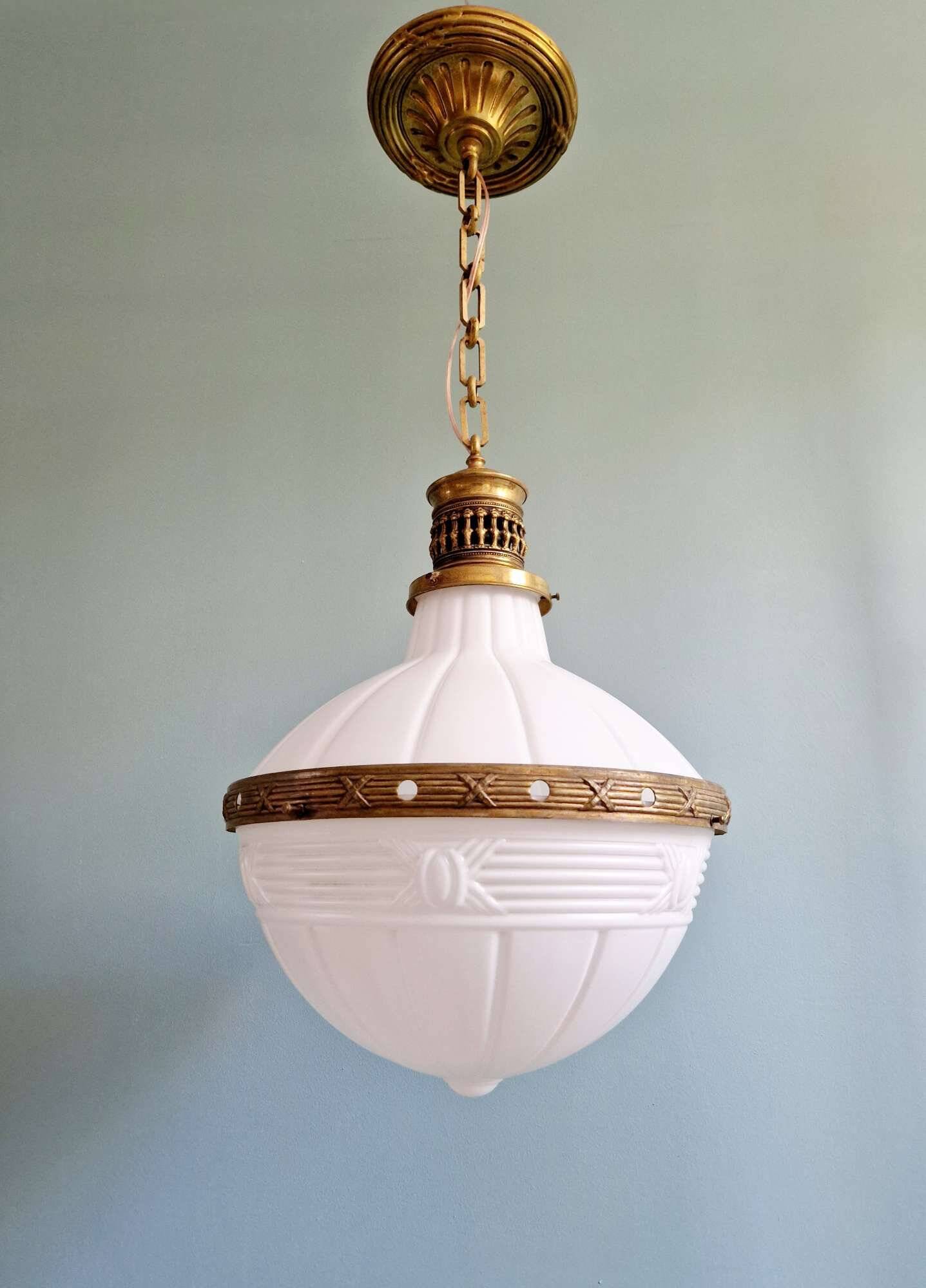 Large Art Deco pendant light in milky glass and brass, 1920