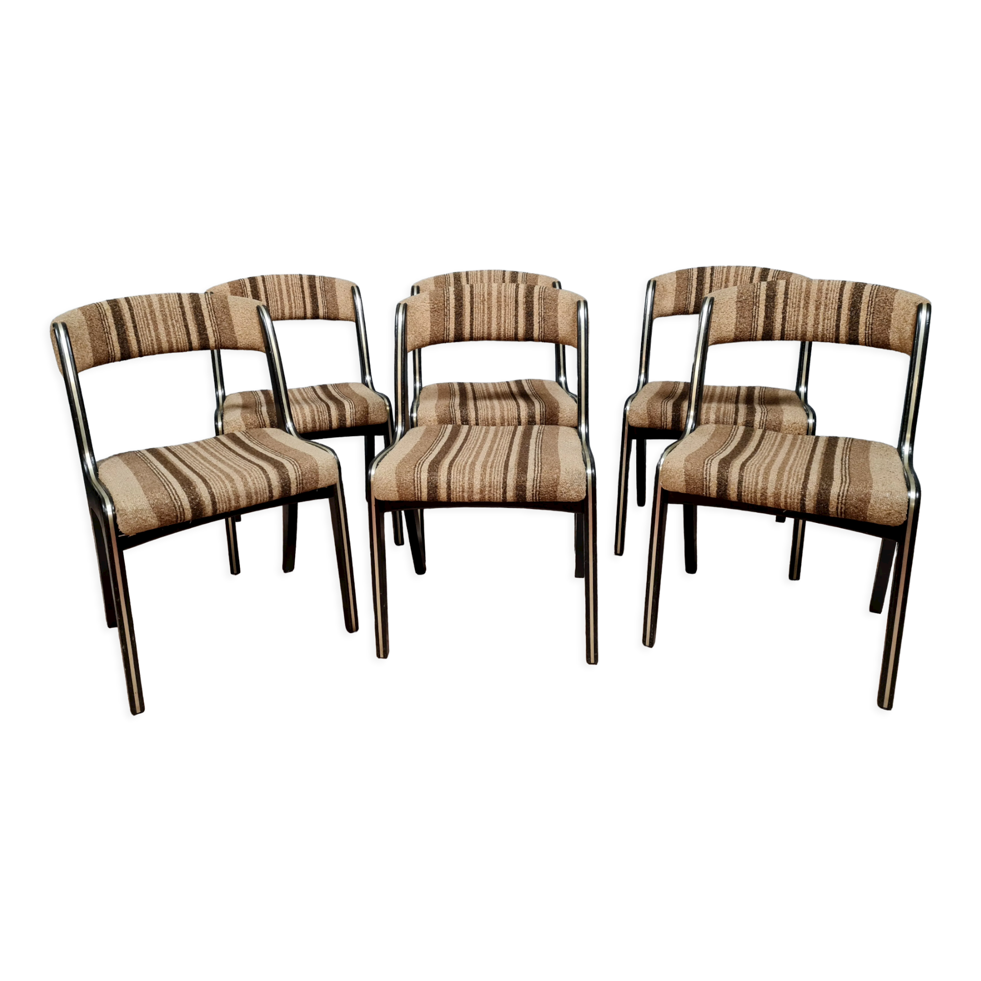 Series of 6 Baumann Vintage gondola chairs in solid wood and chromed metal 60s-70s