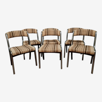 Série de 6 chaises gondole Baumann Vintage en bois massif et métal chromé années 60-70