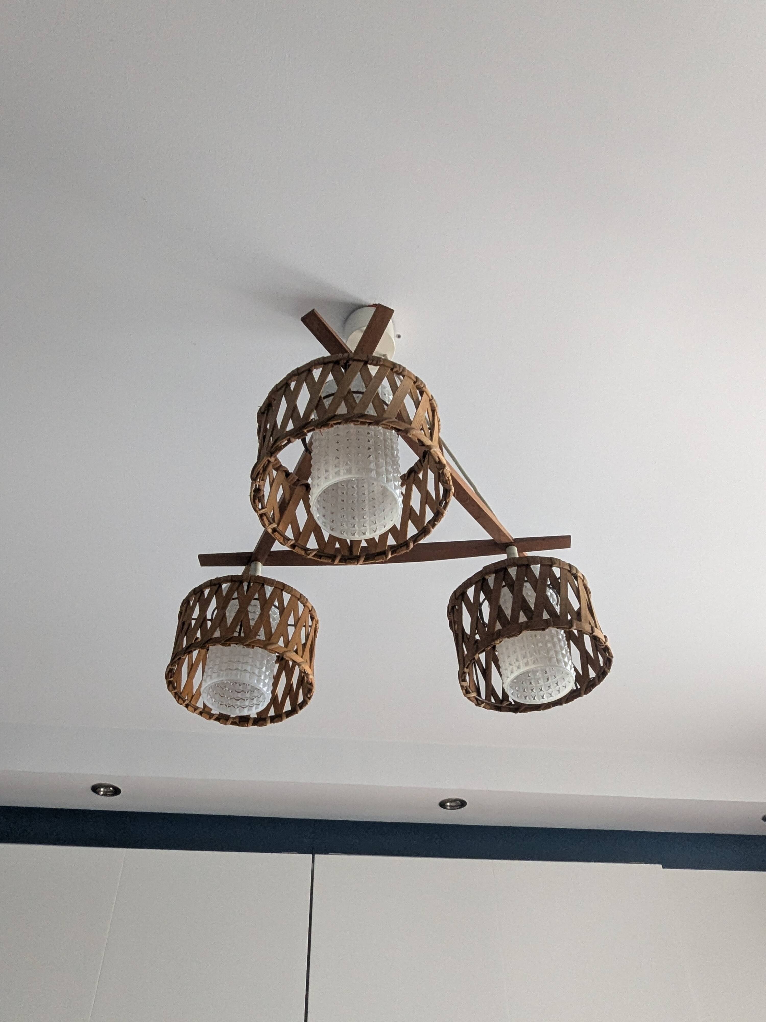 Suspension in teak and rattan, Doria Leuchten from the 1950s.