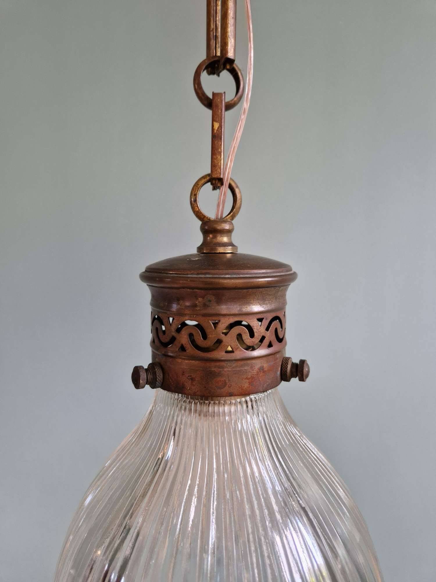 Art Deco Holophane pendant light in clear grooved glass, 1920-30