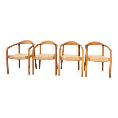 Ensemble de 4 chaises en bois massif avec cordon et accoudoirs