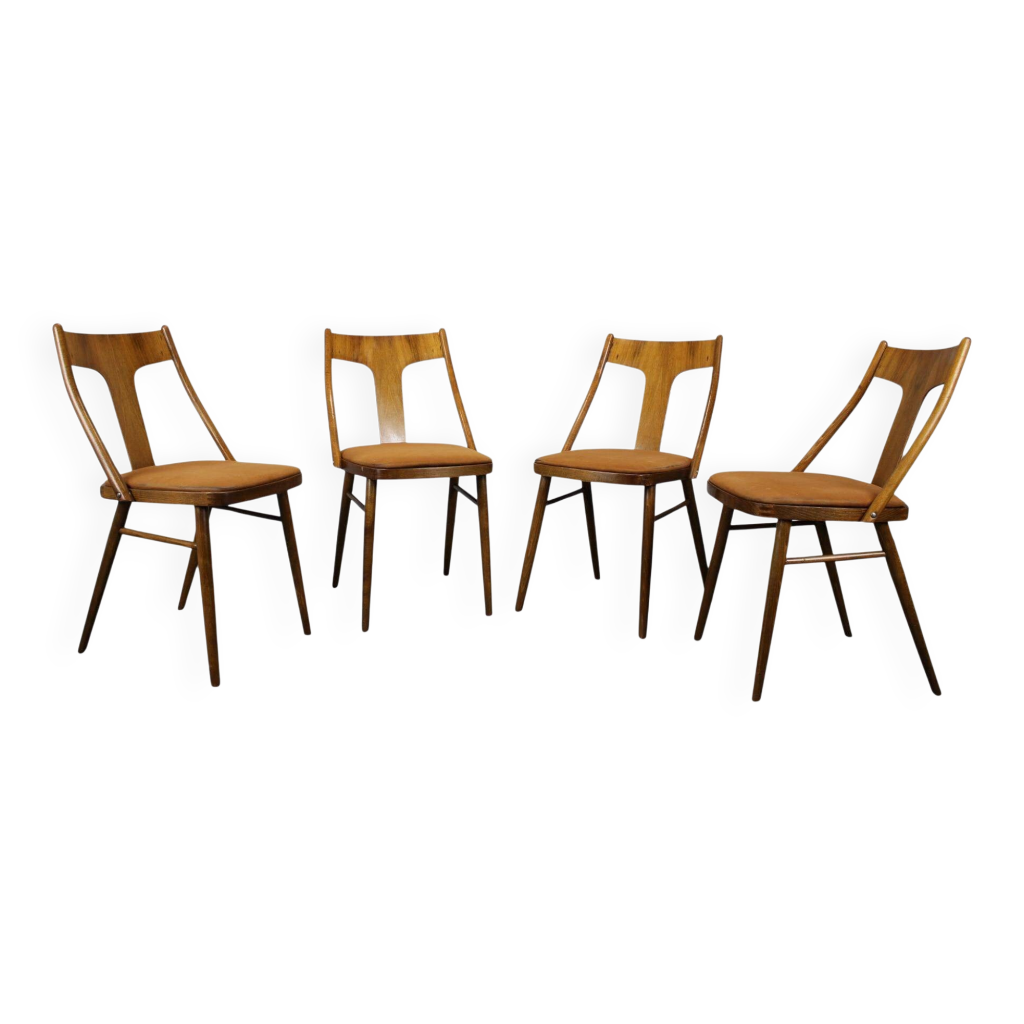 Set of four walnut dining chairs, Czechoslovakia, 1950s