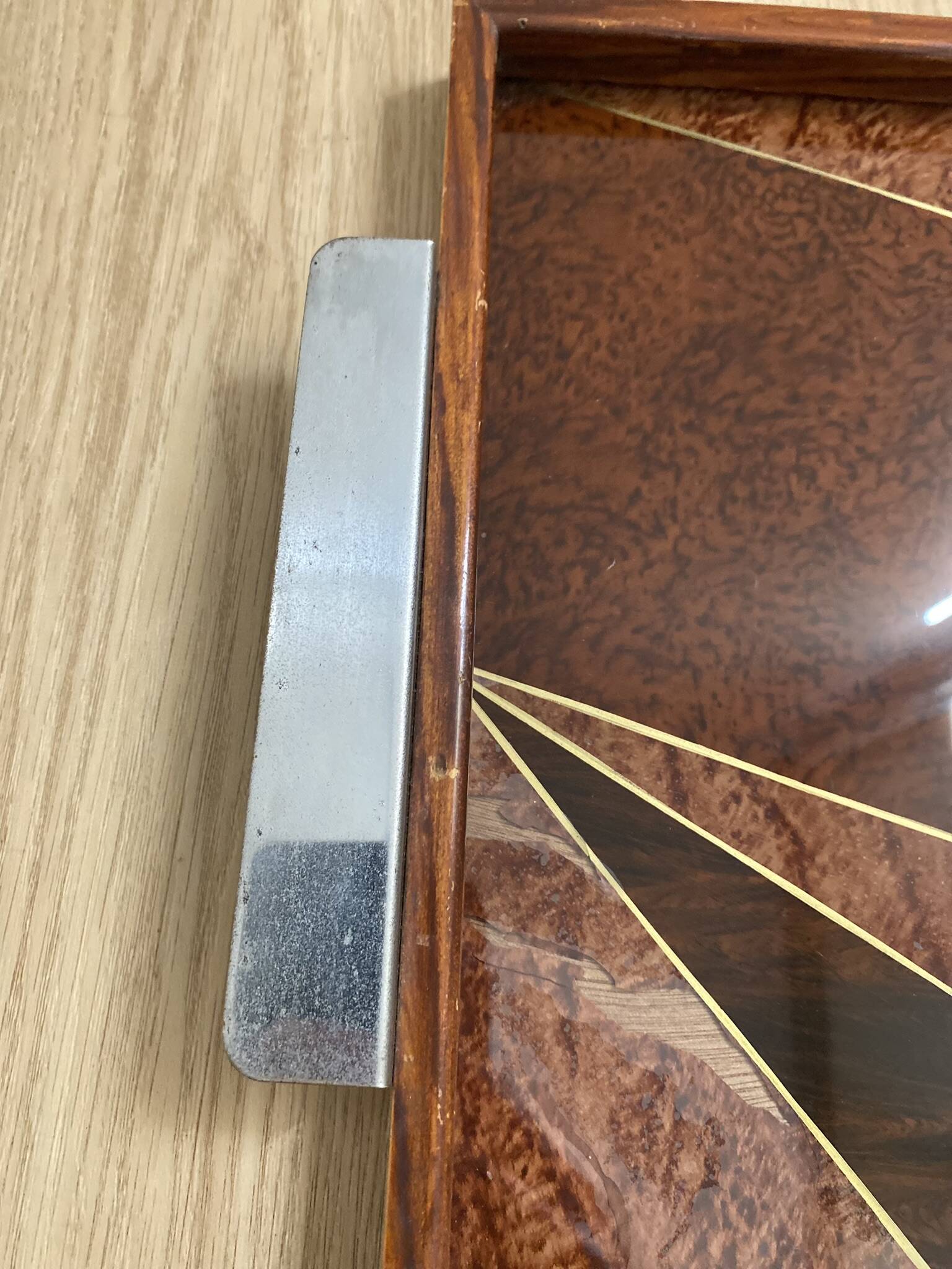 Duo of vintage wooden trays marked art deco