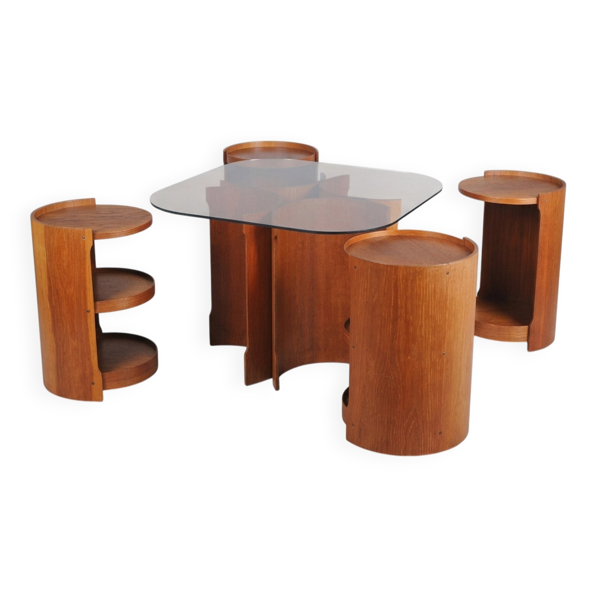 Mid-Century Modern Nesting Table in Oak and Smoked Glass, Czech, 1960s, Set of 5