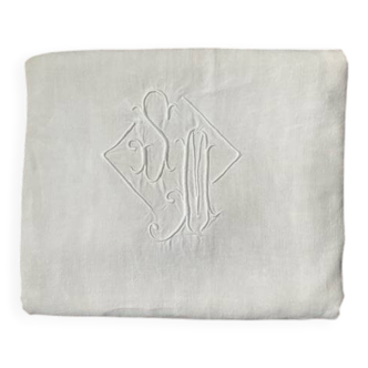 Drap ancien en coton et lin monogramme M B avec jour Venise