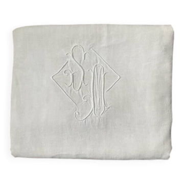 Drap ancien en coton et lin monogramme M B avec jour Venise