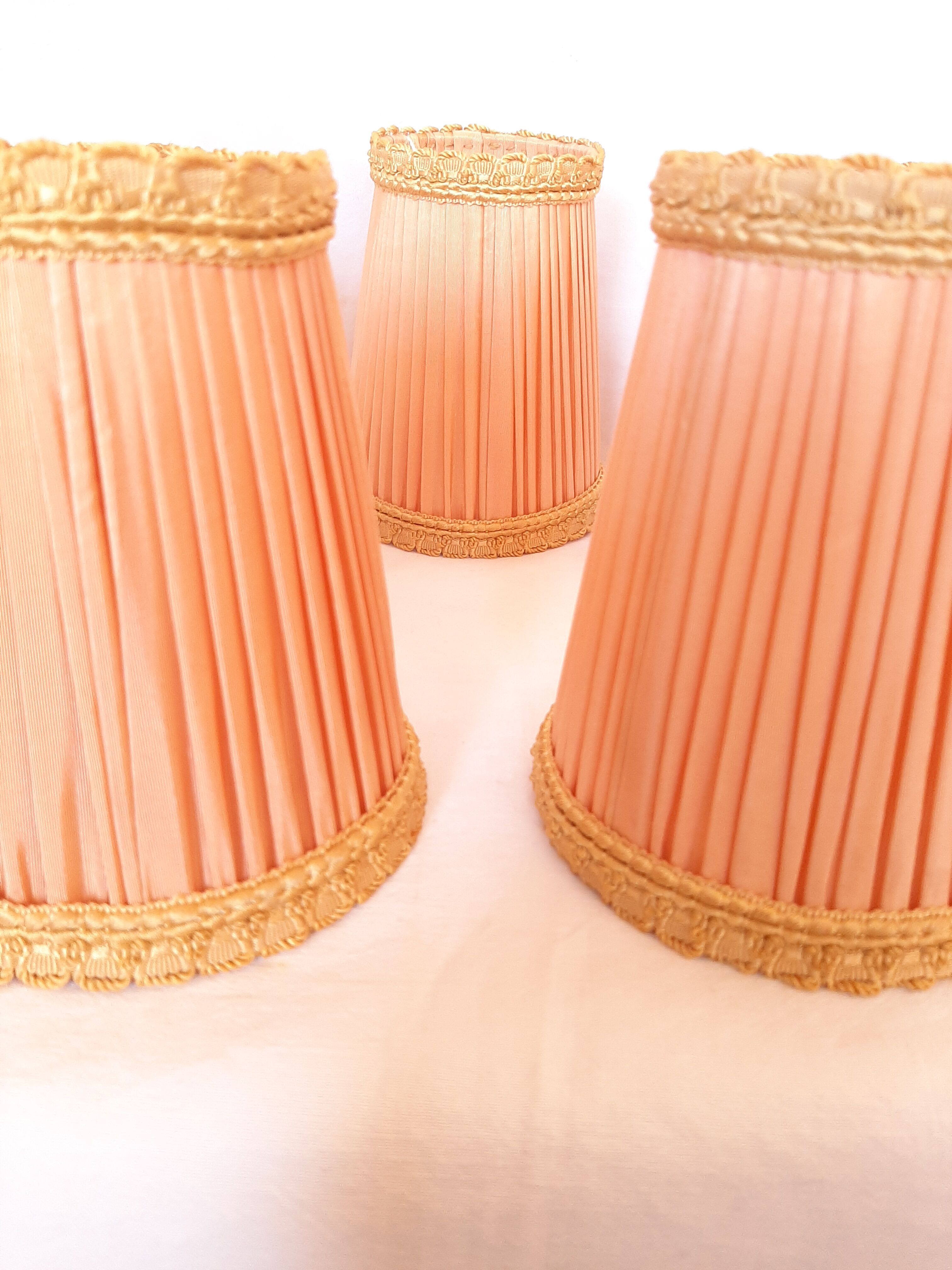 5 lampshades with clips for chandelier, 60s, pleated taffetas peach and golden trimmings