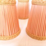 5 lampshades with clips for chandelier, 60s, pleated taffetas peach and golden trimmings