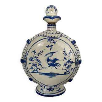 Flat ceramic bottle decorated with birds and flowers