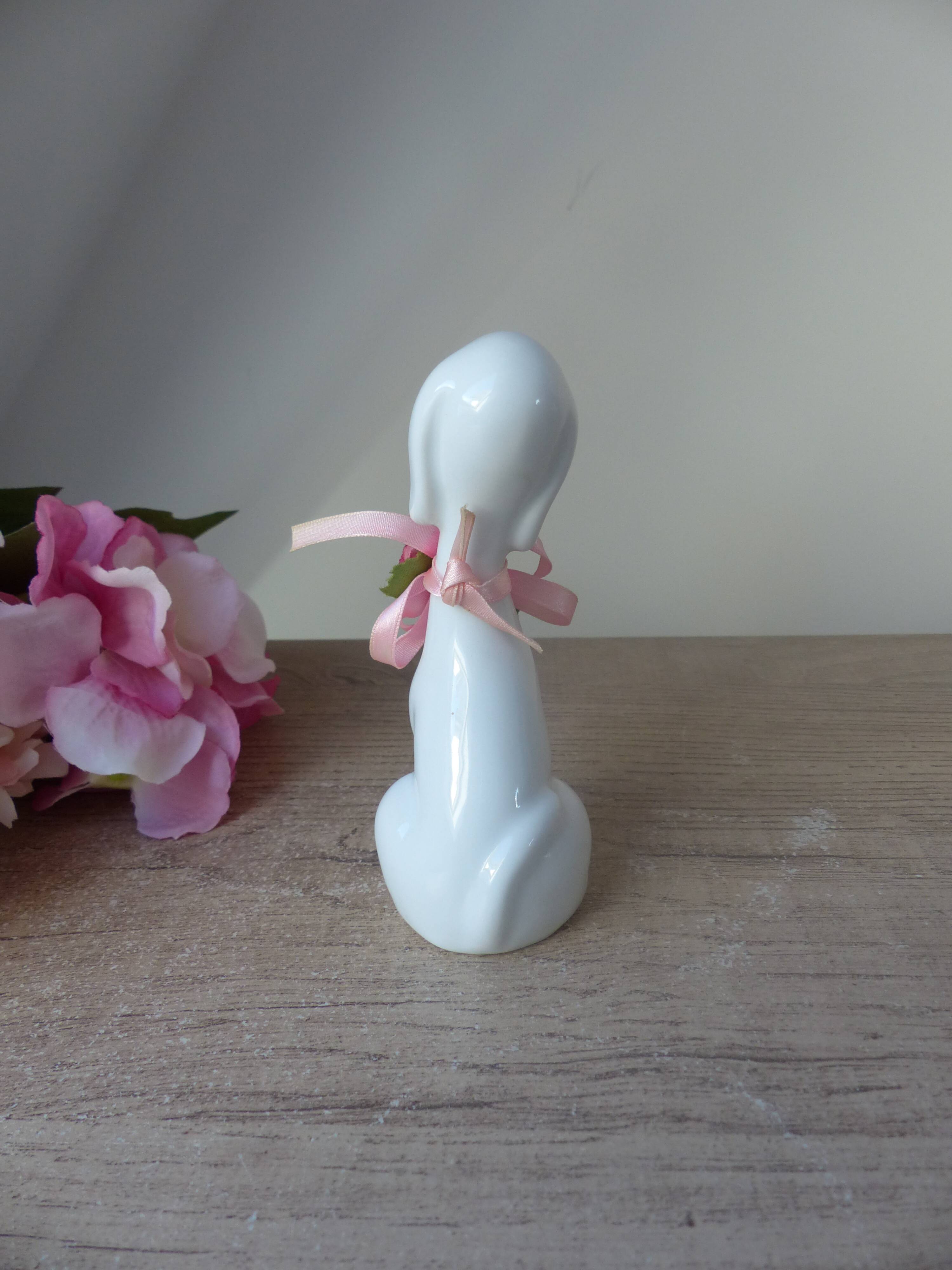 Vintage Small Romantic Ceramic Dog Figurine with Pink Flower Fabric Ribbon