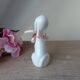 Vintage Small Romantic Ceramic Dog Figurine with Pink Flower Fabric Ribbon