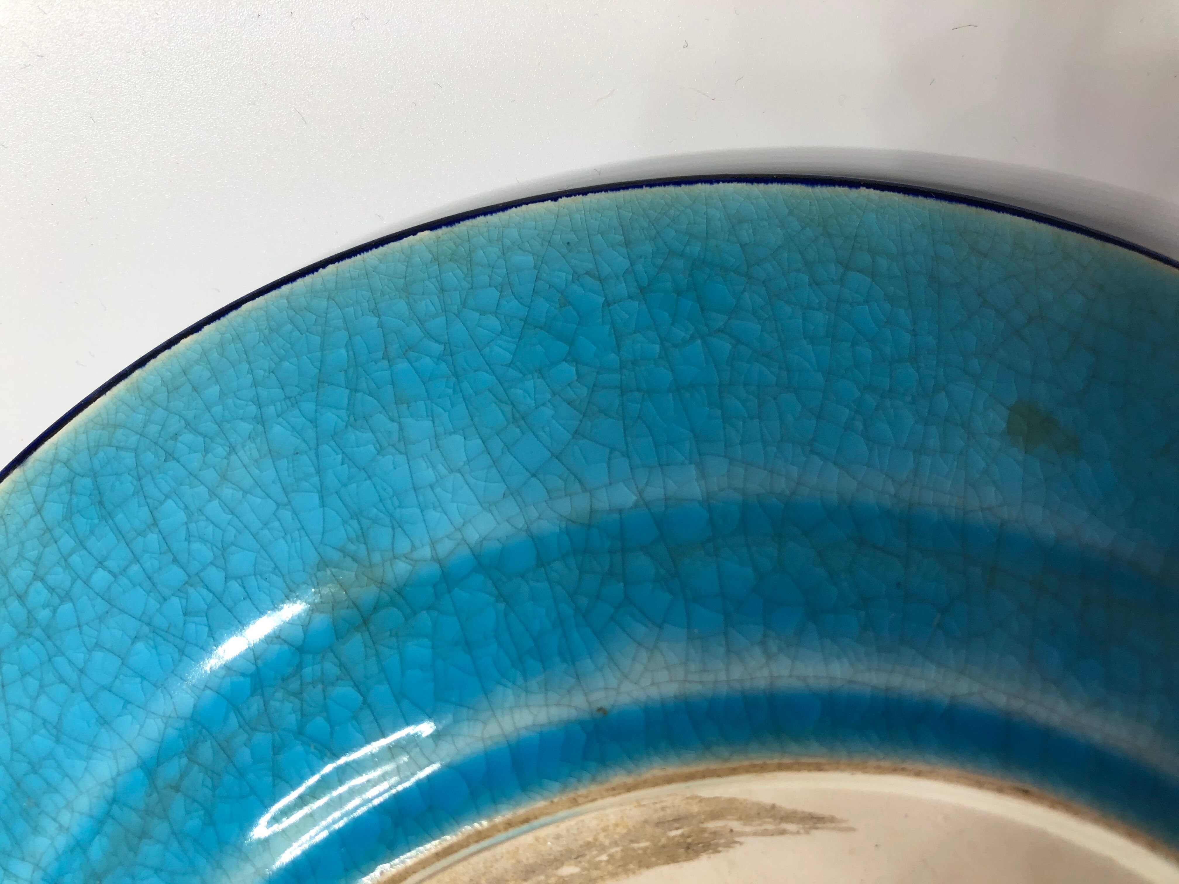 Longwy enamel blue plate bird and peony pattern