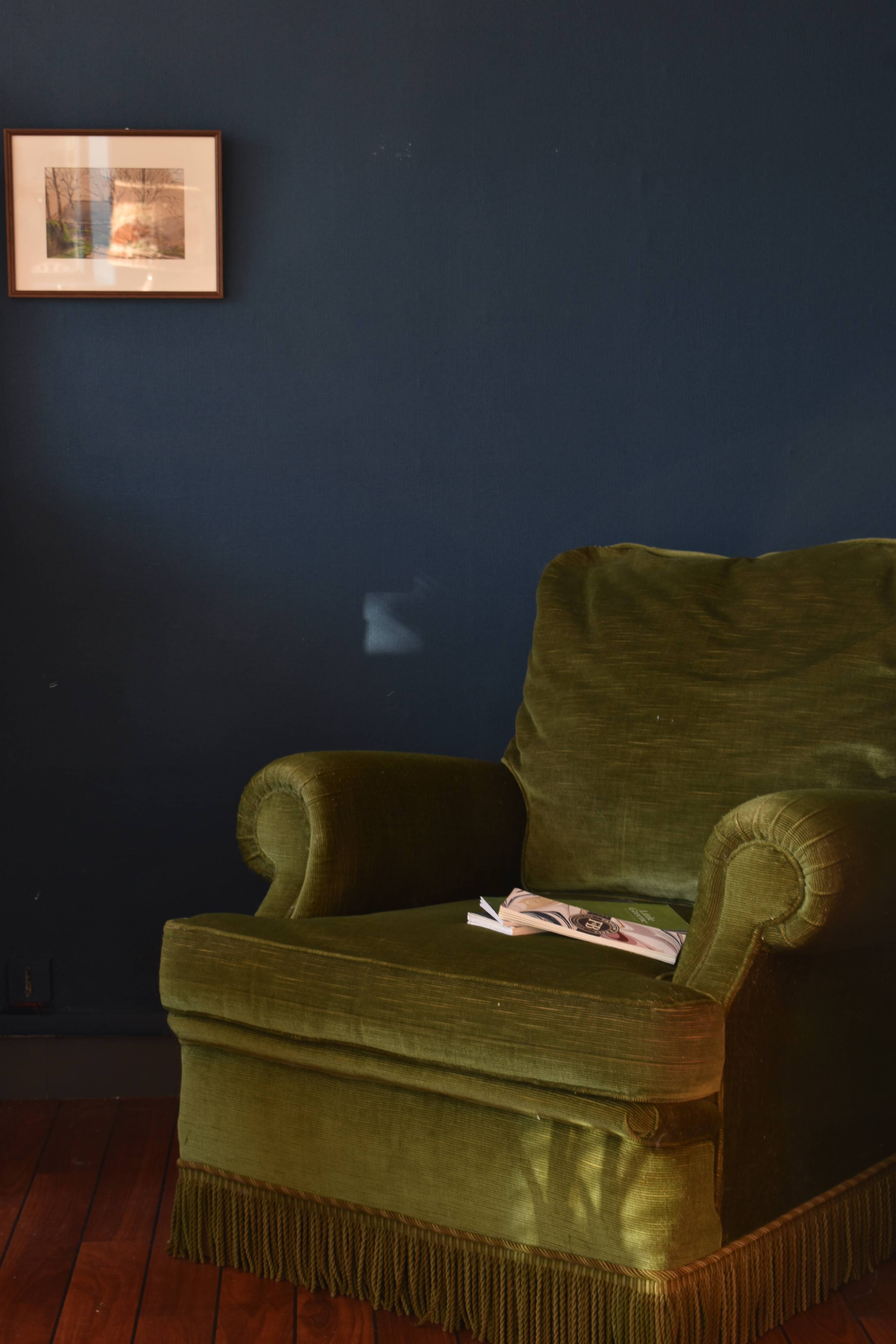 Vintage armchair green velvet fringes
