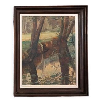 Oil on panel by Feldkricher 1942 undergrowth and river XXth