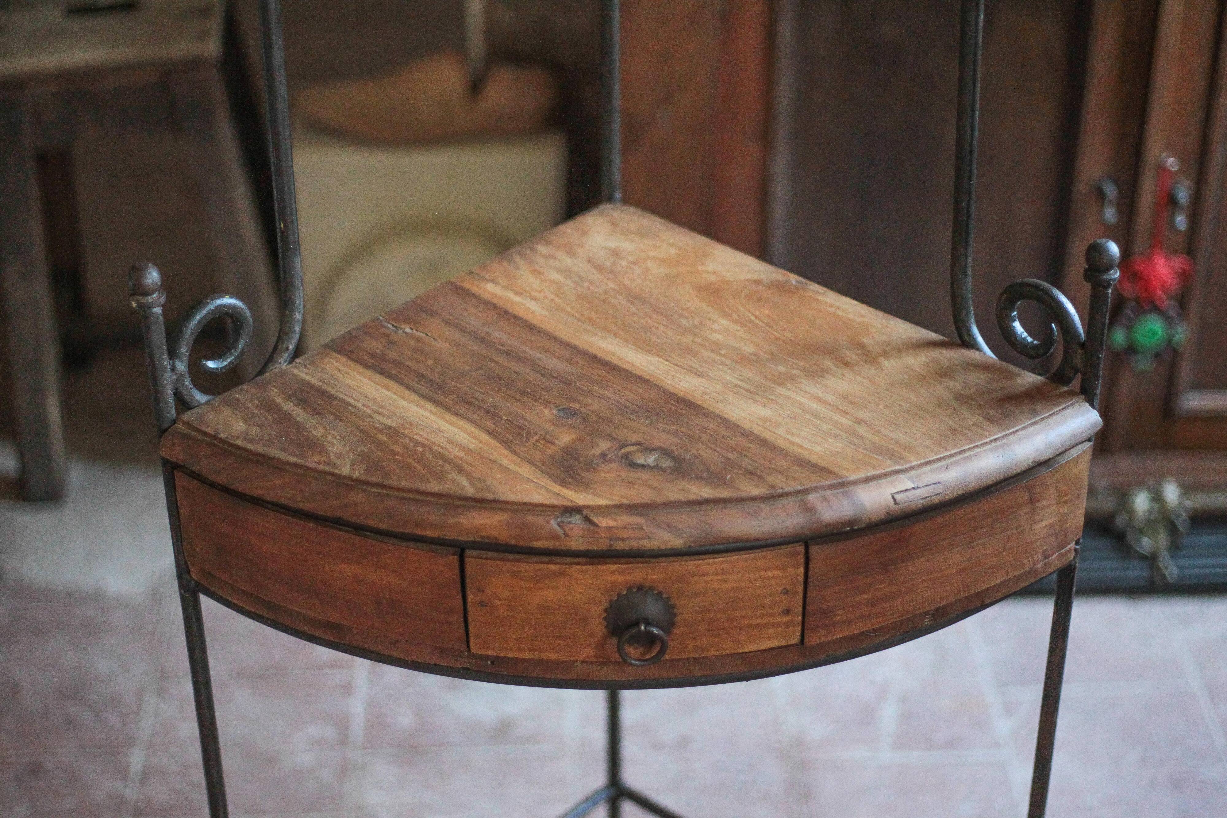 Wrought iron and wood corner unit, vintage corner furniture, corner shelf.