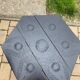 Hexagonal side table in black painted wood, engraved floral decoration, 1920s vintage style.