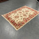 Traditional Cream Wool Rug, Small Red Floral Oriental Carpet 86x123 cm