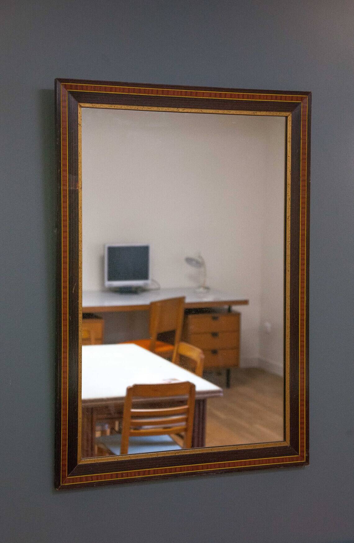 Vintage mirror with wooden frame, painted veneer, imitation marquetry 72x102cm