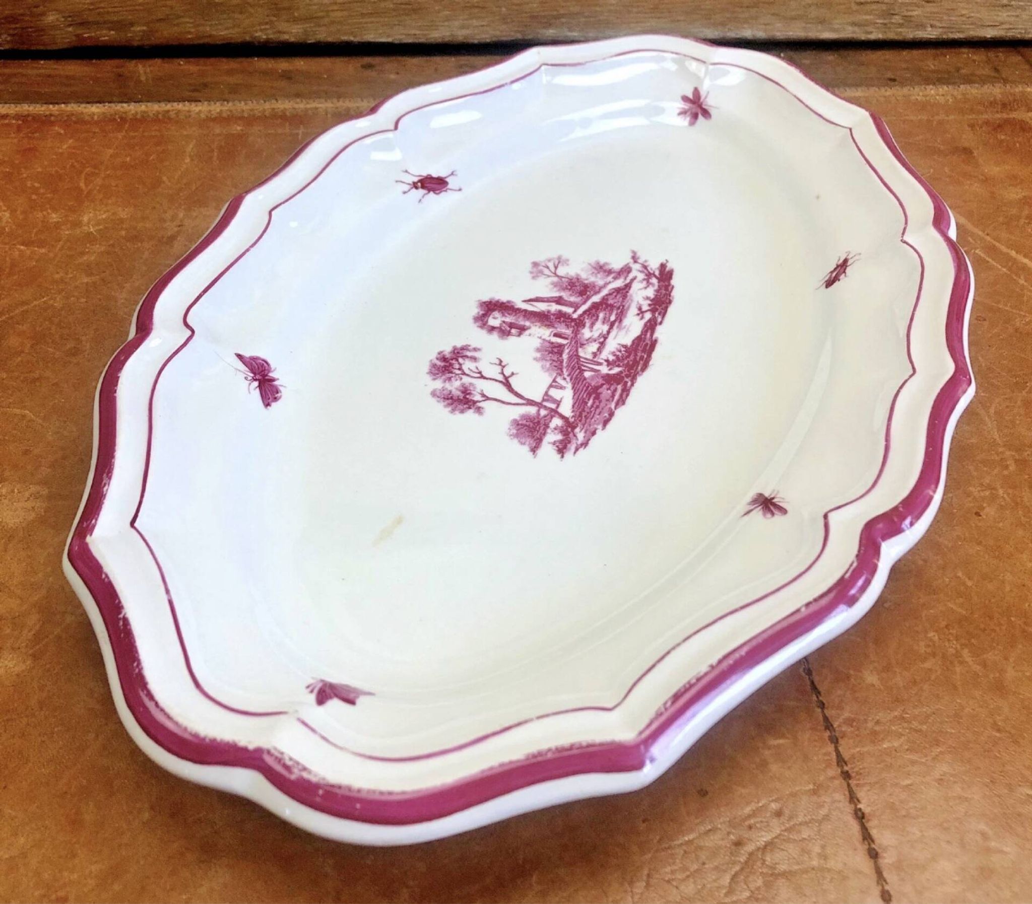 Old oblong oval dish 41.5 x 27 Gien model landscape pink 1938/1960