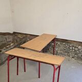 Set of 2 double school desks 1970 red steel and oak