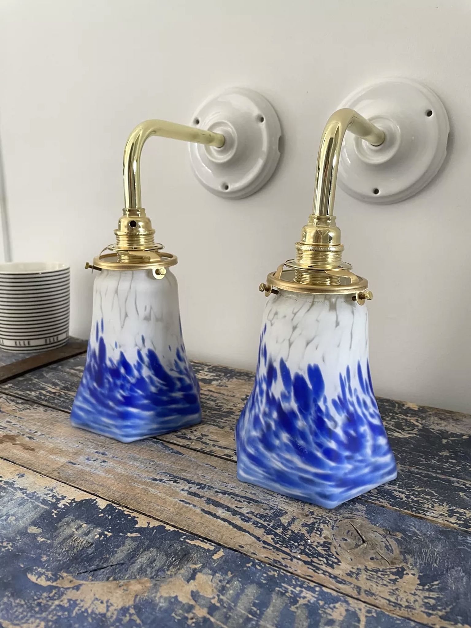 Set of two blue Art Deco wall lamps