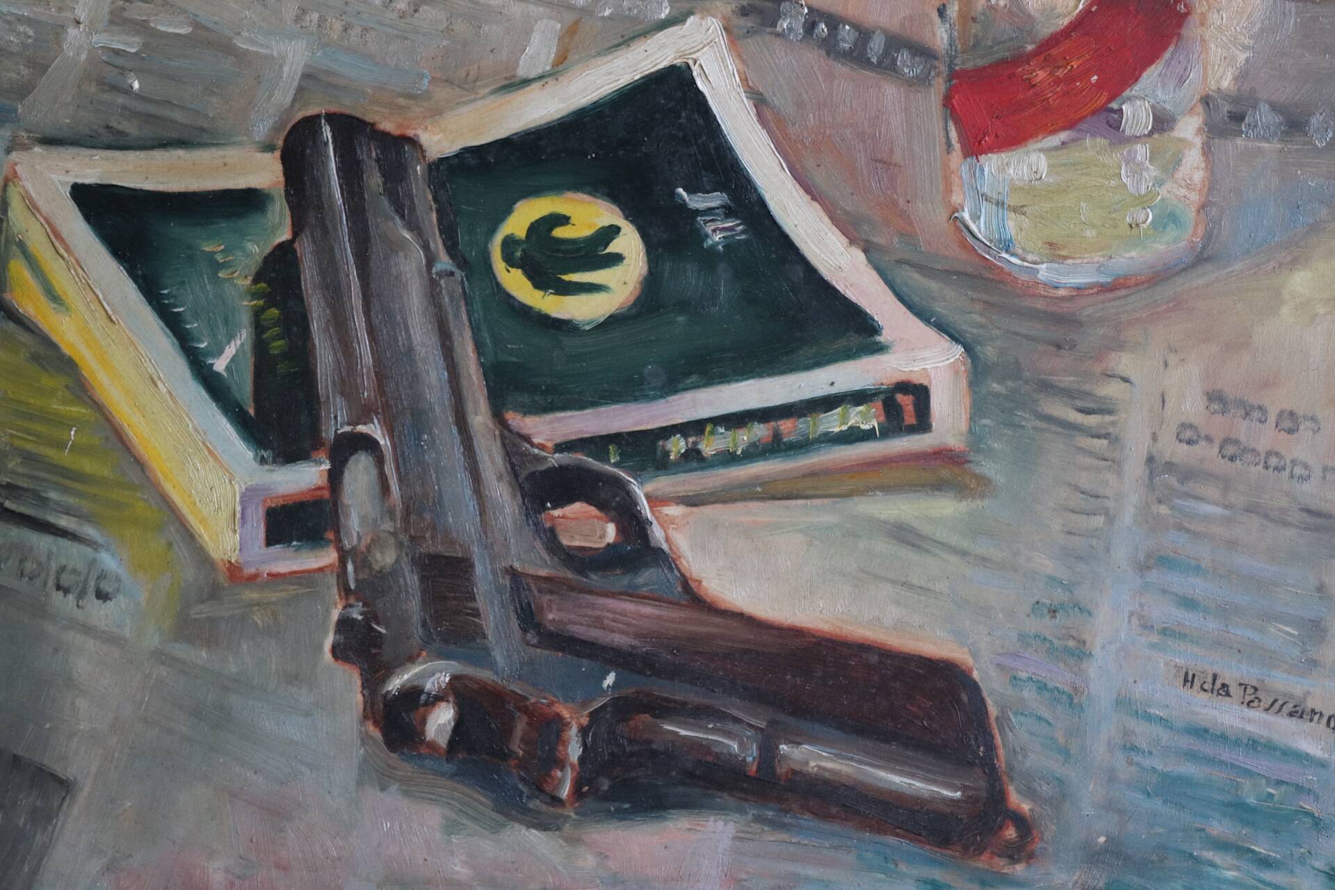 Tableau nature morte au pistolet signé HDA PASSANO
