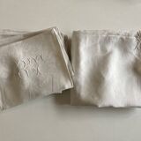 Nappe et 8 serviettes en damas de lin brodées RT vers 1900