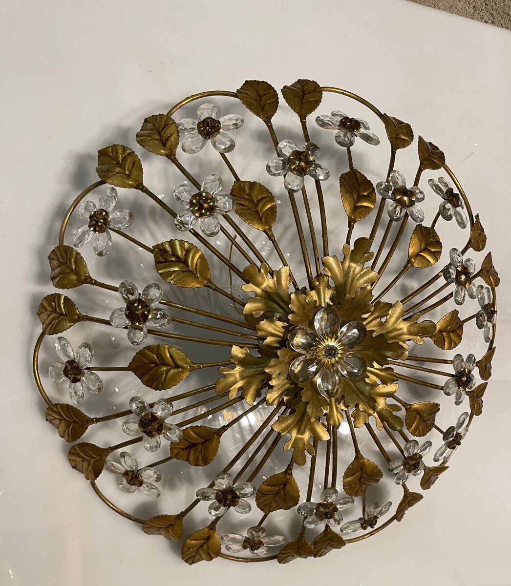 Italian gold gilded tole crystal flower flush mount, 1960s