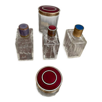 Series of bottles and boxes, antiques, crystal, caps, enamel decoration, guilloché background