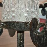 Hammered and patinated steel floor lamp, art deco style, 160cmx30 opaque pink glass and molded glass