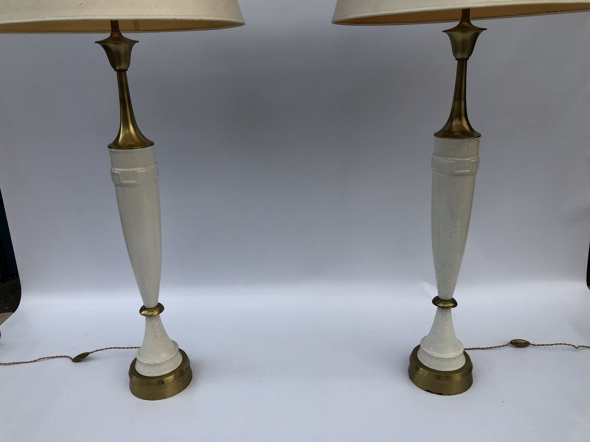 1960s laurel greek key ceramic brass table lamps hollywood regency neoclassical