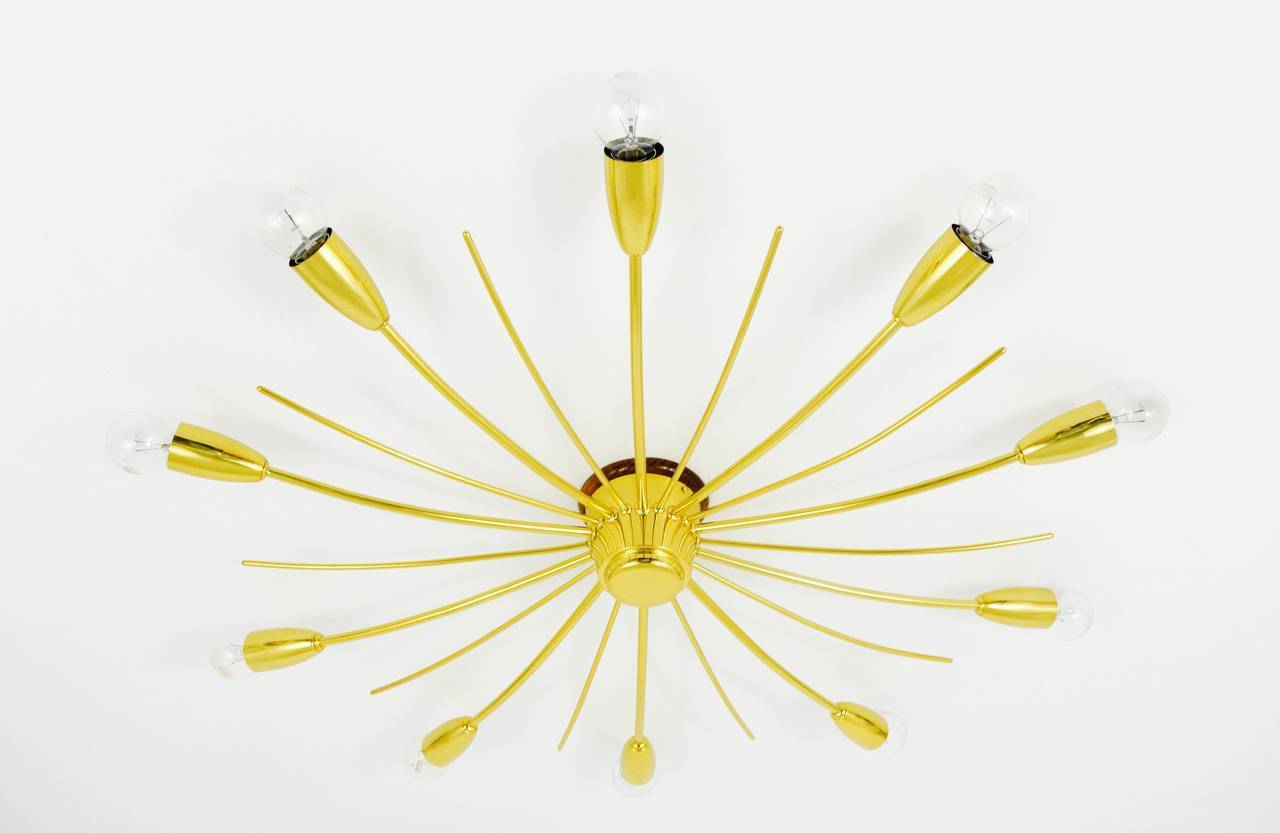 Large brass spider chandelier sun J.T. Kalmar Sonne, flush mount, Austria, 1950s