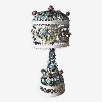 Boho painted tole table lamp, Italy 1970s