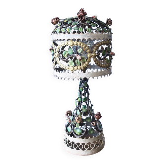 Boho painted tole table lamp, Italy 1970s