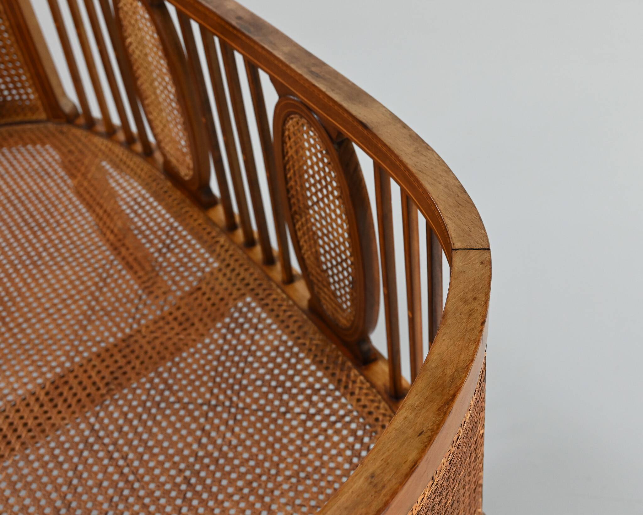 Vintage caned basket bench, 1950s